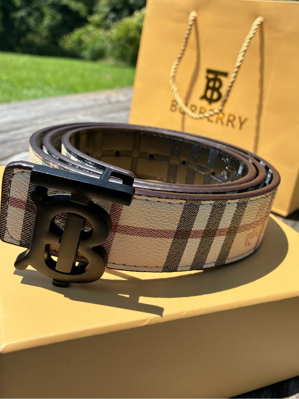 Burberry Beige Check Belt with Black TB Logo Buckle - Reversible